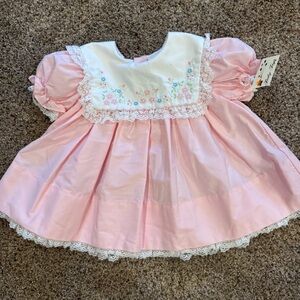 Baby Togs Pink Embroidered Lace Dress Puff Sleeve Vintage Style 12M